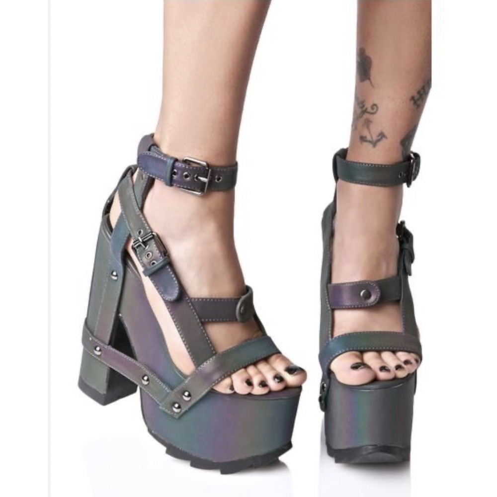 YRU Night Call Reflective Platform Sandals Iridescent Oil Slick Goth Festival 8